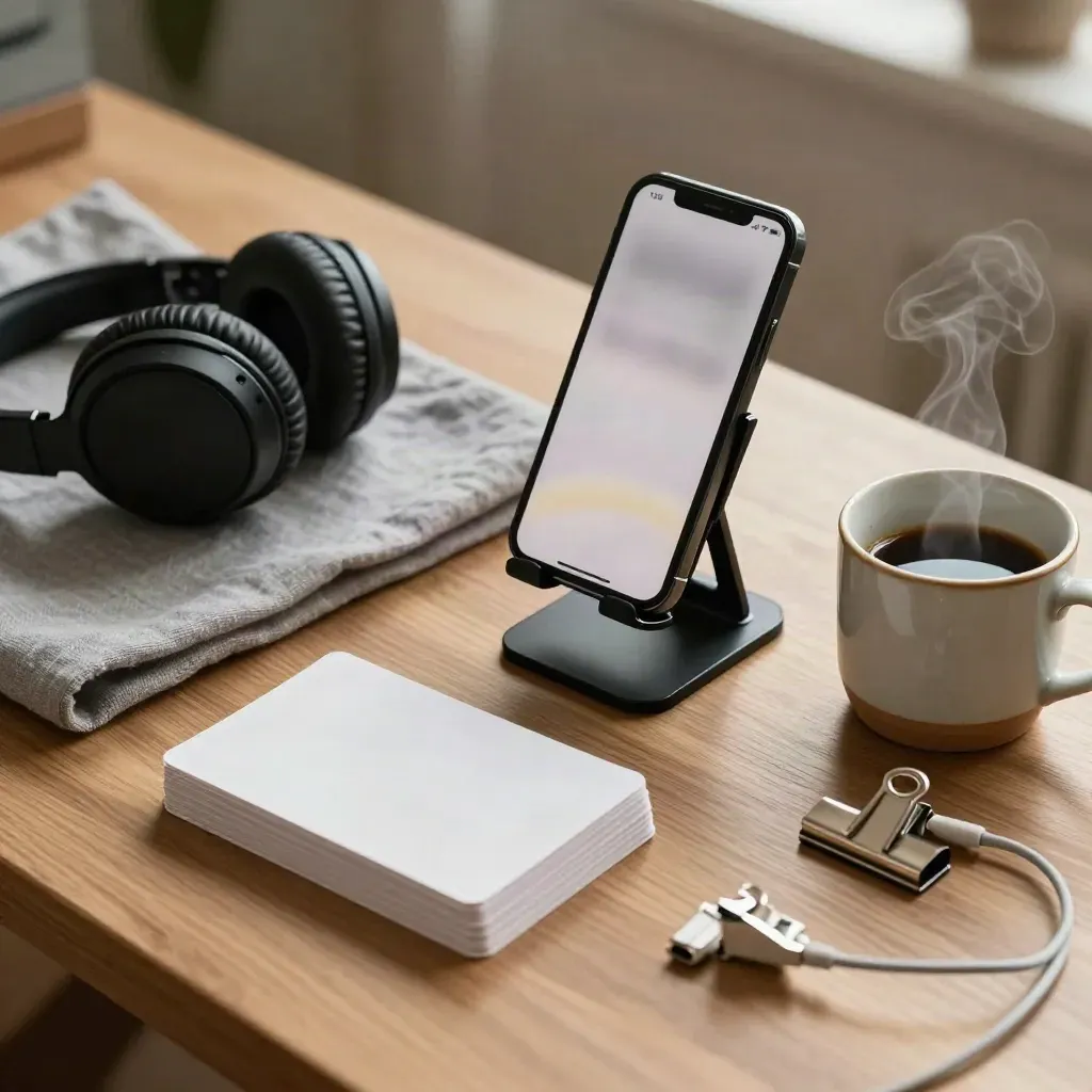 Telefoon op klem, koptelefoon op linnen doek, stapel kaartjes en dampende beker op werkbank.