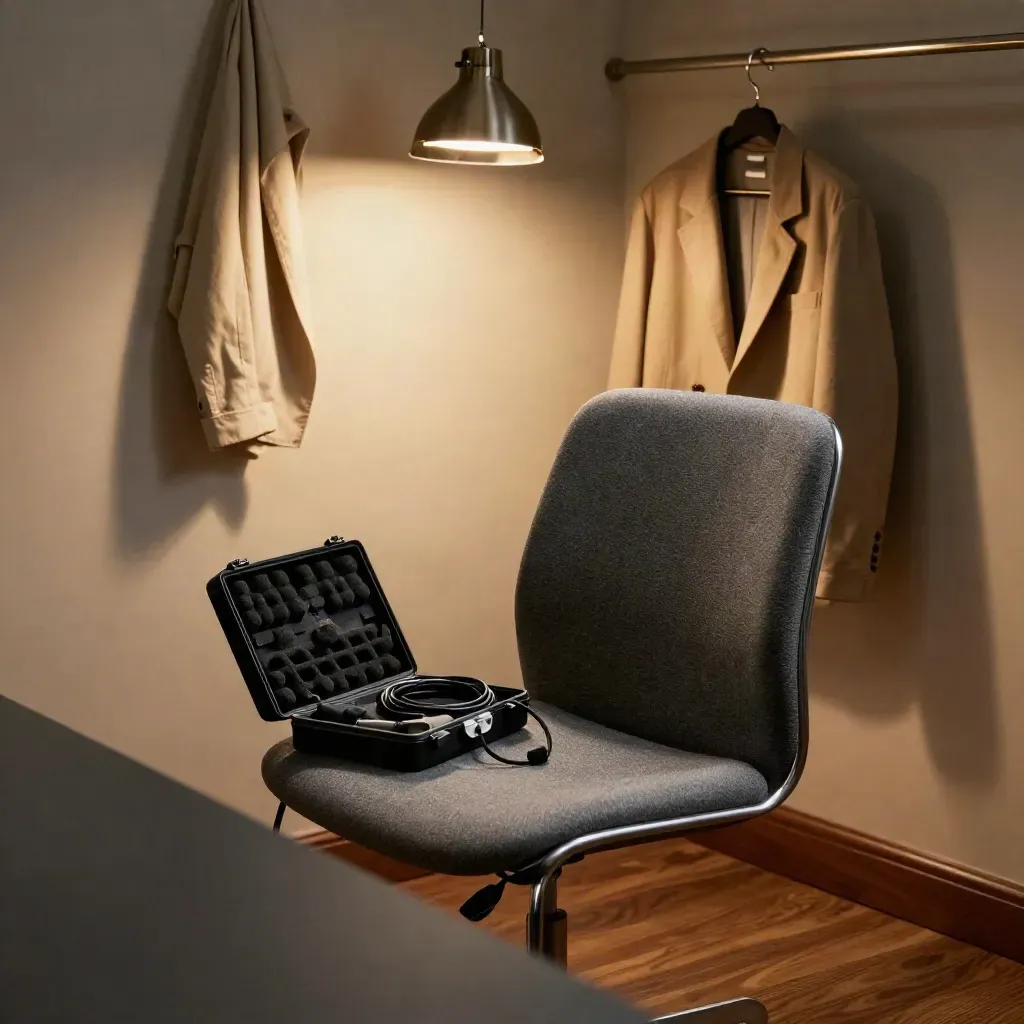 Strakke interviewopstelling met stoel, miccase, jas en lamp in een kantoorhoek.