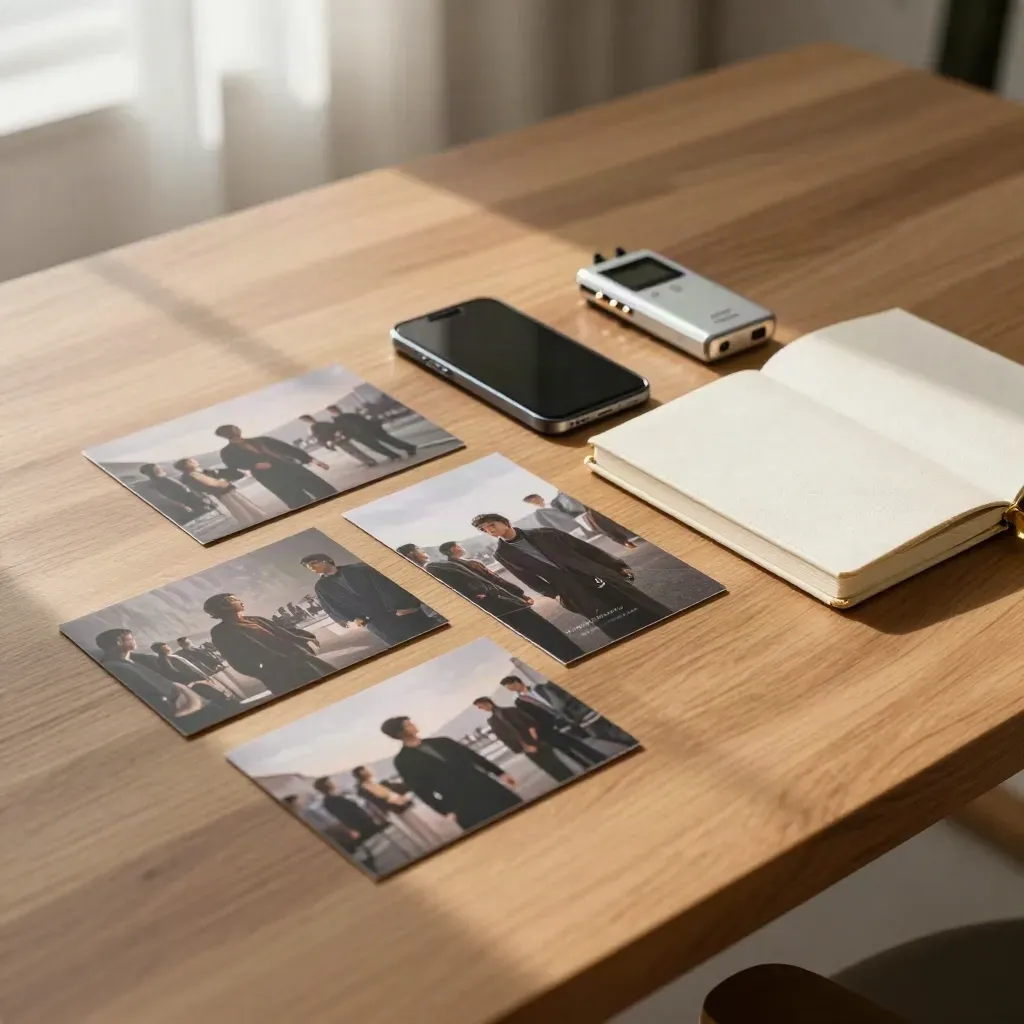 Bovenaanzicht van contentkaarten, smartphone, notitieboek en recorder op warme eiken tafel.