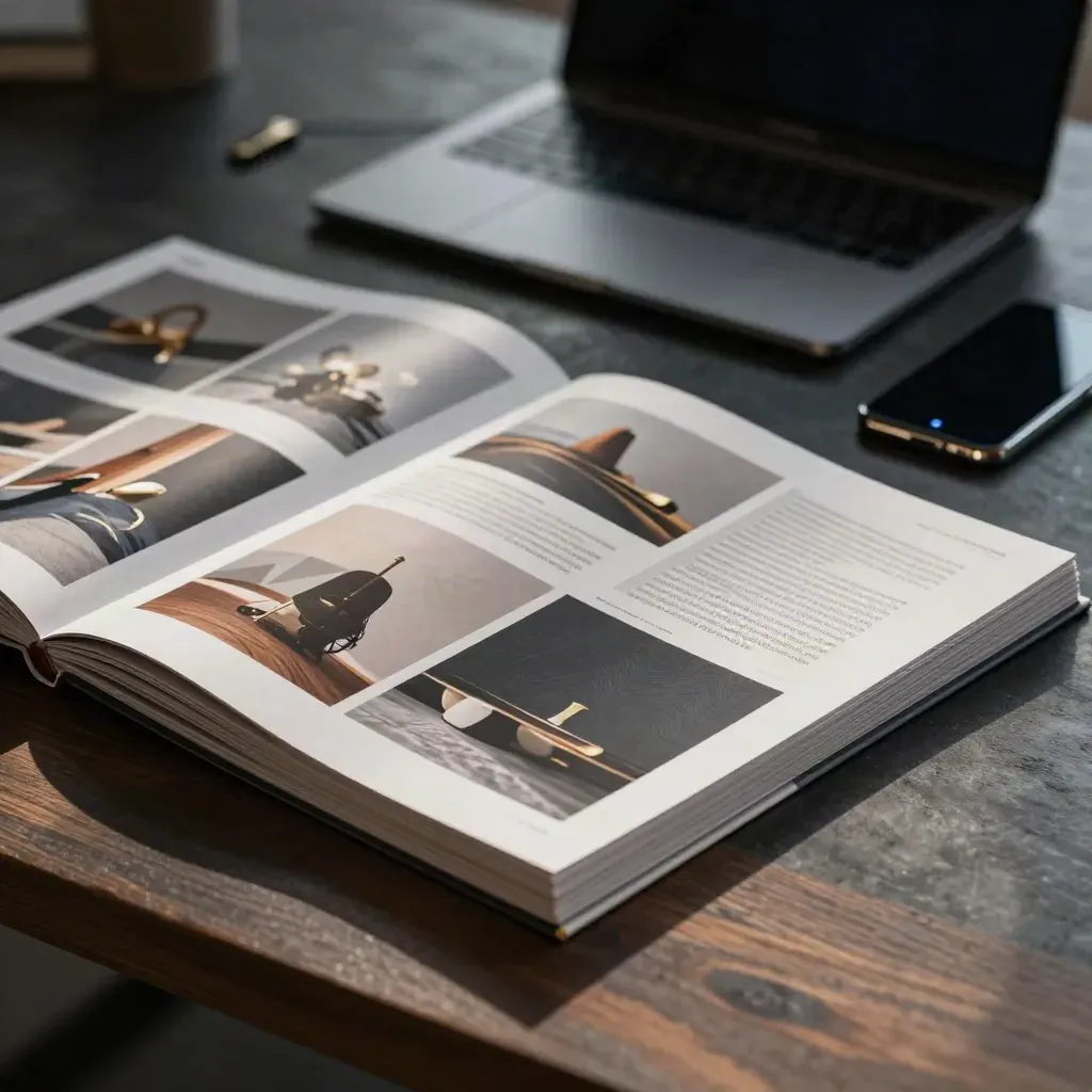 Twee advertentieboards op een donker bureau met laptop en telefoon in sfeervol licht.