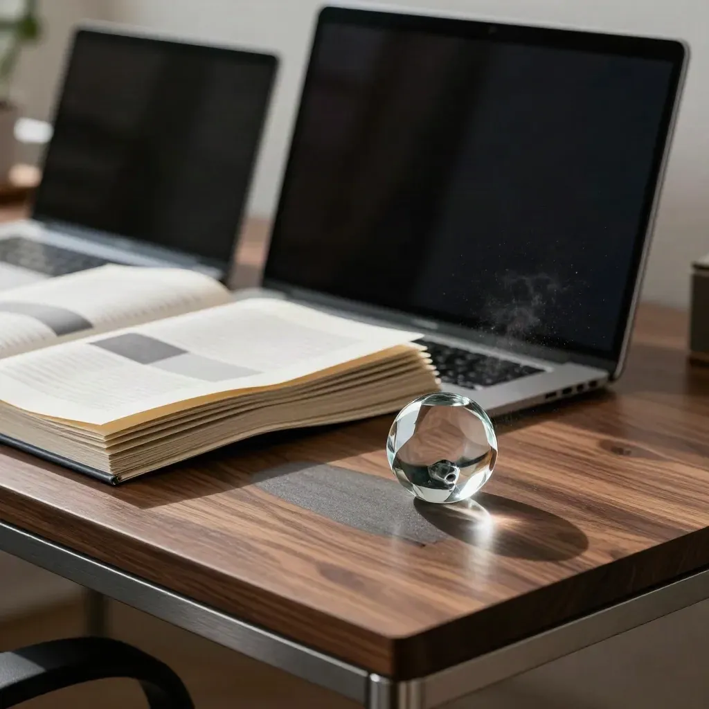 Drie apparaten, papieren en een glazen paperweight in een donkere mediascan.