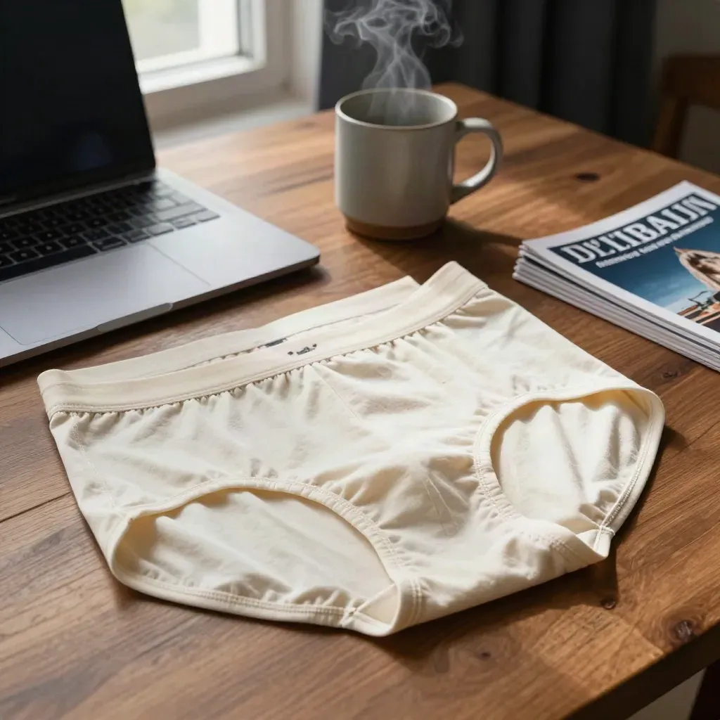 Bovenaanzicht van laptop, briefs, mok en omgekeerde campagneprints in warm kantoorlicht.