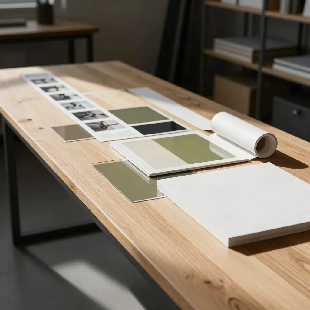 Contentkaarten en proofprints schuiven schuin over een lange tafel in een dynamische formatsweep.