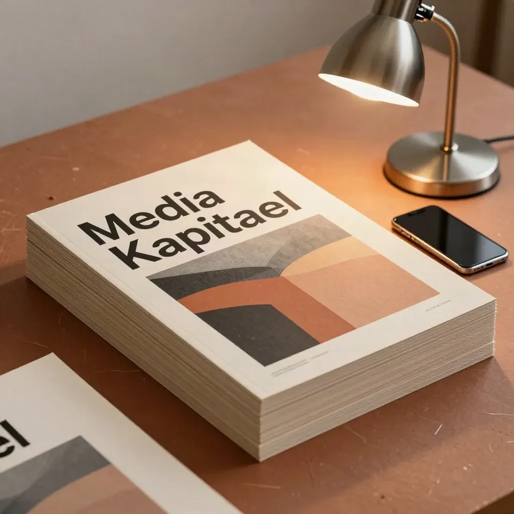 Creatieve reclameboards met abstracte vlakken, telefoon en lamp op terracotta ondergrond