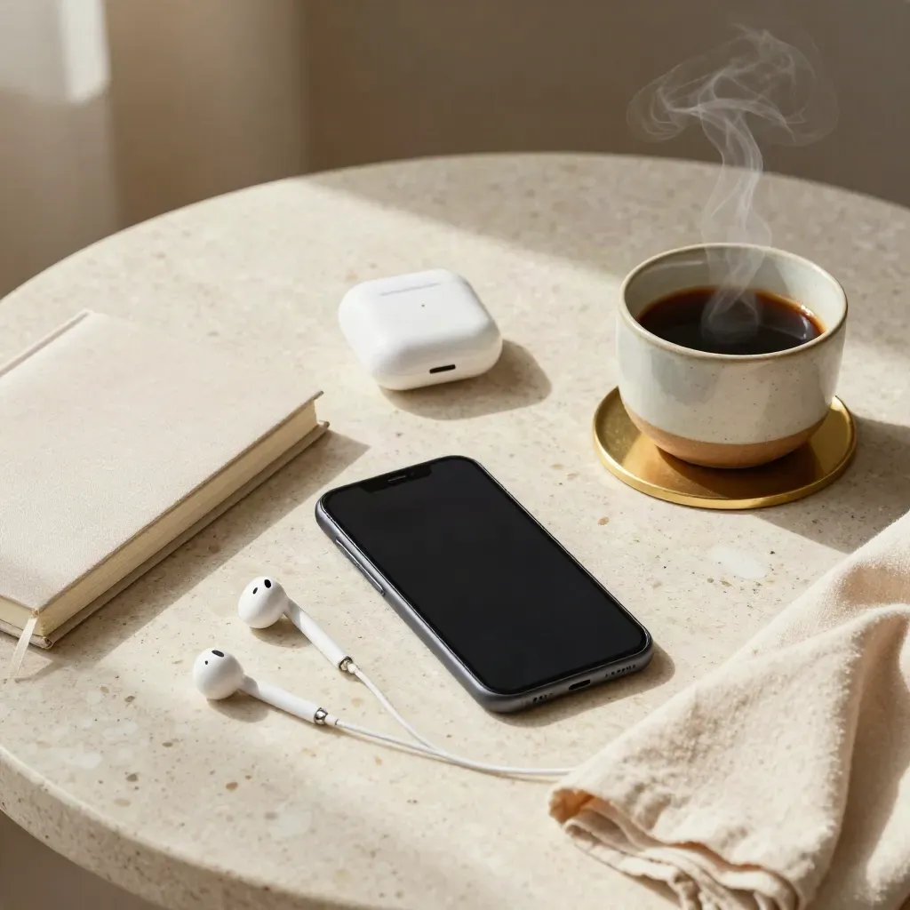 Bovenaanzicht van telefoon, oordopjes, notitieboek en kopje in warm daglicht.