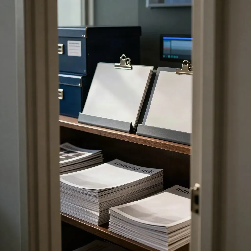 Donkere redactieruimte met magazines, proefprints en blauwe materialen bij deadline.