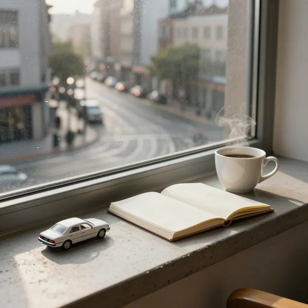 Raamkozijn met route-model, notitieboek en koffiekopje in regenachtig avondlicht.