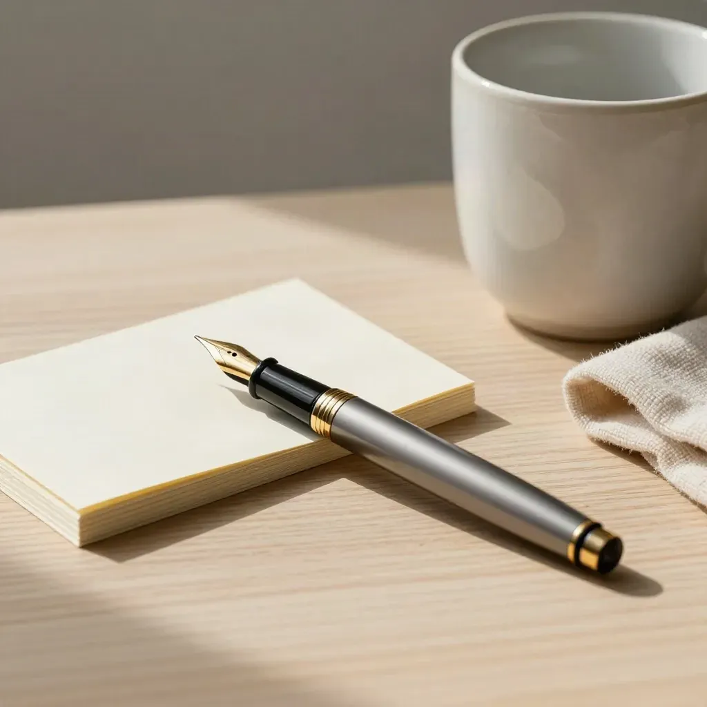 Fountain pen naast notecardstapel en keramische beker op licht hout