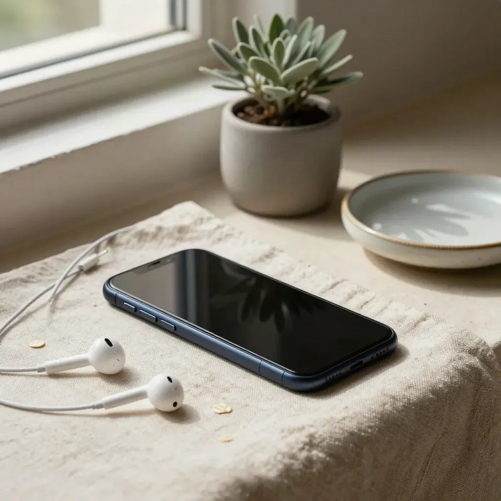 Smartphone op linnen met oordopjes, plantje en schaaltje in zacht daglicht.