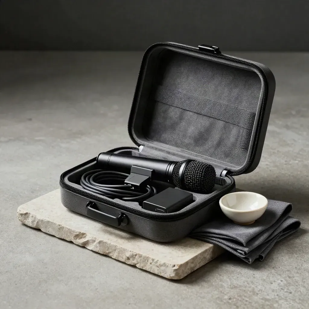 Microfoonkit in etui op stenen tray met kabel, batterij en keramisch schaaltje
